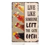 DOODLREAM Chicken Wearing Wreaths Metal Tin Sign Wall Decor Live Like Someone Left The Gate Open 20 x 30 cm Vintage Inspirational Wall Poster for Farmhouse Chicken Coop Home Fence Decor Gift