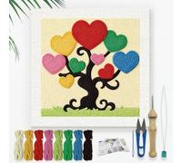 DOODLREAM Color Heart Tree Needle Kit for Beginner, 24x24cm Rainbow Heart Punch Stitching Craft Set, Color DIY Embroidery Starter with Printed Frame, Instruction, Threader, Yarn, Pinch Needle