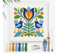 DOODLREAM Color Tulip Flower Needle Kit for Beginner, 24x24cm Blue Bird Punch Stitching Craft Set, Color DIY Embroidery Starter with Printed Frame, Instruction, Threader, Yarn, Pinch Needle