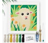 DOODLREAM Cute Lamb DIY Punch Needle Embroidery Kit for Adult Beginner, 24 x 24cm Punch Stitching Craft Set for Starter with Wooden Frame, Fabric Pattern, Threader, Yarn, Punch Needle