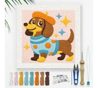 DOODLREAM Dachshund Needle Kit for Beginner, 24x24cm Cute Cartoon Dog Punch Stitching Craft Set, Modern DIY Embroidery Starter with Printed Frame, Instruction, Threader, Yarn, Pinch Needle