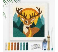 DOODLREAM Deer in the Forest DIY Punch Needle Embroidery Kit for Adult Beginner, 24cm Cute Deer Punch Stitching Craft Set for Starter with Frame, Fabric Pattern, Threader, Yarn, Punch Needle