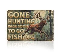DOODLREAM Deer Running in Forest Wall Decor Beer Sign, Gone Hunting Back Soon To Go Fishing Wall Art, Vintage Metal Tin Poster for Home Bar Garage Man Cave Room Decor Gift for Man 8 x 12 Inch