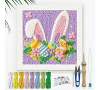 Doodlream Easter bunny Ear Egg DIY Punch Needle Embroidery Kit for Adult Beginner, 24cm Floral Rabbit Ear Punch Stitching Craft Set for Starter with Frame, Fabric Pattern, Threader, Yarn, Punch Needle