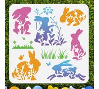 DOODLREAM Easter Bunny Hopping in Grass Wall Stencil Template 30x30 cm Funny Rabbit Reusable Plastic Stencils Painting on Wood Wall Floor Fabric Glass Furniture, Party DIY Home Decor Craft Stencil