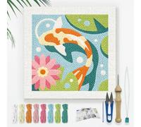 DOODLREAM Fish Punch Needle Kit for Beginner, 24x24cm Pond Punch Stitching Craft Set, DIY Embroidery Starter with Printed Frame, Instruction, Threader, Yarn, Pinch Needle