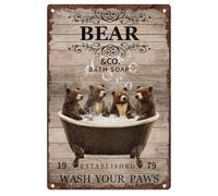 DOODLREAM Funny Bear In the Bathtub Metal Tin Sign Bear Wash Your Paws Vintage Art Poster for Bathroom Wall Decor 8 x 12 Inch