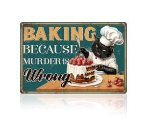 DOODLREAM Funny Black Cat Chef Baking Cake Kitchen Wall Decor Sign,Baking Because Murder Is Wrong Cat Wall Art, Vintage Metal Tin Poster for Home Kitchen Cake Shop Wall Decor Gift 8 x 12 Inch
