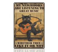 DOODLREAM Funny Black Cat Playing Guitar Sign Wall Decor My Neighbors are Listening to Great Music Metal Tin Sign Vintage Poster for Home Office Cafe Bar Yard Gate Wall Decor Gift 8" x 12"