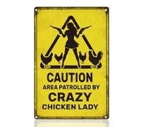 DOODLREAM Funny Chicken Coop Tin Sign Caution Area Patrolled By Crazy Chicken Lady Retro Metal Wall Decor 20x30 cm Wall Art Poster for Farm Yard Garden Farmhouse Decor Gift