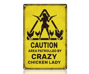 DOODLREAM Funny Chicken Coop Tin Sign Caution Area Patrolled By Crazy Chicken Lady Retro Metal Wall Decor 20x30 cm Wall Art Poster for Farm Yard Garden Farmhouse Decor Gift