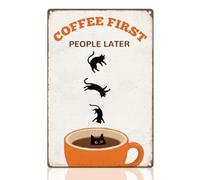 DOODLREAM Funny Coffee Cat Diver Tin Sign Retro Metal Wall Decor 20 x 30cm Coffee First People Later Vintage Wall Art Poster for Home Cafe Room Kitchen Bathroom Man Cave Decor Gift