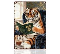 Doodlream Funny Tiger Reading Tin Sign Retro Metal Wall Decor 20 x 30 cm Vintage Go Get 'Em Tiger Animal Wall Art Poster for Home Room Cafes Bar Outdoor Bathroom Kitchen Man Cave Decor Gift