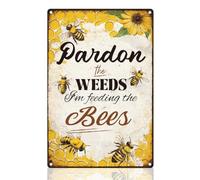 DOODLREAM Garden Yard Bee Sign Pardon the Weeds I'm Feeling the Bees Metal Tin Sign Wall Art Decor Vintage Poster for Indoor Outdoor Home Room Yard Decor 8" x 12"