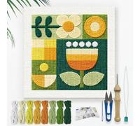 DOODLREAM Geometric Flowers Needle Kit for Beginner, 24x24cm Abstract Floral Punch Stitching Craft Set, Modern DIY Embroidery Starter with Printed Frame, Instruction, Threader, Yarn, Pinch Needle