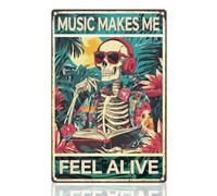 DOODLREAM Gothic Skeleton Tin Sign Retro Metal Wall Decor 20 x 30cm Music Makes Me Feel Alive Wall Art Poster for Home Coffee Cafes Bathroom Gallery Man Cave Office Clubs Decor Gift
