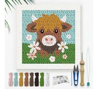 DOODLREAM Highland Cow DIY Punch Needle Embroidery Kit for Adult Beginner, 24cm Highland Cow Animal Punch Stitching Craft Set for Starter with Frame, Fabric Pattern, Threader, Yarn, Punch Needle
