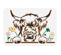 DOODLREAM Highland Cow Wall Stencil Template 29.7x21CM Animal with Floral Reusable Plastic Stencils for Painting on Wood Wall Fabric Glass Furniture Painting DIY Home Decor or Craft Stencil