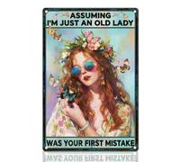 DOODLREAM Hippie Lady with Flower Tin Sign Assuming I'm Just An Old Lady Was Your First Mistake 20x30cm Wall Decor Boho Metal Sign Vintage Wall Poster for Women Home Living Room Bedroom Decor Gift