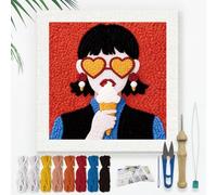 DOODLREAM Ice Cream Woman Punch Needle Kit for Beginner, 24x24cm Cartoon Punch Stitching Craft Set, DIY Embroidery Starter with Printed Frame, Instruction, Threader, Yarn, Pinch Needle