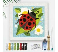 DOODLREAM Ladybug on Leaves Flowers DIY Punch Needle Embroidery Kit for Adult Beginner, 24cm Red Ladybug Punch Stitching Craft Set for Starter with Frame, Fabric Pattern, Threader, Yarn, Punch Needle