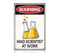 DOODLREAM Mad Scientist at Work Tin Sign Retro Metal Wall Decor 20 x 30cm Funny Warning Vintage Wall Art Poster for Home Library Classroom Laboratory Decor Gift
