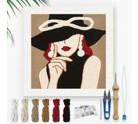 DOODLREAM Modern Lady Wearing Hat DIY Punch Needle Embroidery Kit for Adult Beginner, 24 cm Punch Stitching Craft Set for Starter with Frame, Fabric Pattern, Threader, Yarn, Punch Needle