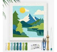 DOODLREAM Mountain Lake Punch Needle Kit for Beginner, 24x24cm Forest Landscape Punch Stitching Craft Set, DIY Embroidery Starter with Printed Frame, Instruction, Threader, Yarn, Pinch Needle