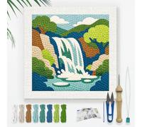 DOODLREAM Mountain Waterfall Landscape Needle Kit for Beginner, 24x24cm Nature Punch Stitching Craft Set, Color DIY Embroidery Starter with Printed Frame, Instruction, Threader, Yarn, Pinch Needle