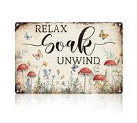 DOODLREAM Mushroom and Flower Butterfly Bathroom Decor Wall Sign, Relax Soak Unwind Shower Room Wall Art, Vintage Metal Tin Poster for Home She Shed Room Decoration Gift for Mom Wife