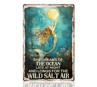DOODLREAM Ocean Mermaid Holding the Moon Sign Wall Decor She Dreams of the Ocean Late at Night Metal Tin Sign Vintage Poster for Home Kitchen Office Bathroom Bar Wall Decor Gift 8" x 12"
