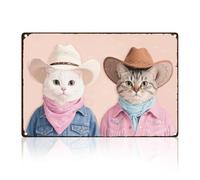 DOODLREAM Pink Cowboy Cats Tin Sign Retro Metal Wall Decor 20 x 30cm Funky Western Cute Kitty Wall Art Poster for Home Coffee Cafes Bathroom Office Clubs Decor Gift