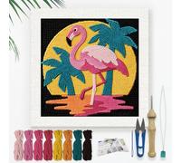 DOODLREAM Pink Flamingo Punch Needle Kit for Beginner, 24x24cm Palm Tree Punch Stitching Craft Set, DIY Embroidery Starter with Printed Frame, Instruction, Threader, Yarn, Pinch Needle