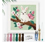 DOODLREAM Rabbit on Branch DIY Punch Needle Embroidery Kit for Adult Beginner, 24cm Bunny Flower Branch Punch Stitching Craft Set for Starter with Frame, Fabric Pattern, Threader, Yarn, Punch Needle