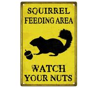 DOODLREAM Retro Funny Squirrel Feeding Area Watch Your Nuts Yard Metal Tin Sign Poster for Backyard Outdoor Decoration 12 X 8 Inch