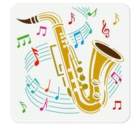 DOODLREAM Saxophone with Mucis Notes Wall Stencil Template 25x 25 cm Reusable Plastic Musical Instrument Stencils for Painting on Wood Wall Fabric Glass Furniture, DIY Home Decor or Craft Stencil