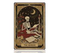 DOODLREAM Skeleton Reader Tin Sign Retro Metal Wall Decor 20 x 30cm Vintage The Reader Tarot Halloween Vintage Wall Art Poster for Home Library Cafe Reading Room Classroom Decor Gift
