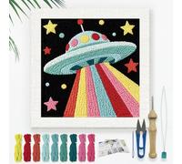DOODLREAM Space UFO Needle Kit for Beginner, 24x24cm Rainbow Beam Punch Stitching Craft Set, Color DIY Embroidery Starter with Printed Frame, Instruction, Threader, Yarn, Pinch Needle