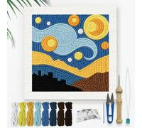 DOODLREAM Starry Night DIY Punch Needle Embroidery Kit for Adult Beginner, 24cm Starry Sky Punch Stitching Craft Set for Starter with Frame, Fabric Pattern, Threader, Yarn, Punch Needle