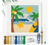 DOODLREAM Summer Beach DIY Punch Needle Embroidery Kit for Adult Beginner, 24cm Coconut Trees Ocean Punch Stitching Craft Set for Starter with Frame, Fabric Pattern, Threader, Yarn, Punch Needle