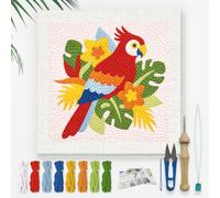 DOODLREAM Tropical Parrot Needle Kit for Beginner, 24x24cm Jungle Floral Punch Stitching Craft Set, Color Bird DIY Embroidery Starter with Printed Frame, Instruction, Threader, Yarn, Pinch Needle