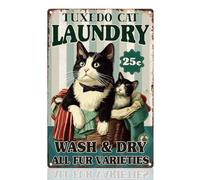 DOODLREAM Tuxedo Cat Laundry Tin Sign Retro Metal Wall Decor 20 X 30cm Funny Wash Dry All Fur Varieties Black Cat Gifts Wall Art Poster for Laundry Room Bathroom Toilet Room
