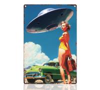 DOODLREAM UFO Pin Up Lady Tin Sign, Vintage Metal Wall Decor | 30 x 20 cm Retro Plaque, Flying Saucer Car Sign, Waterproof Art Decor for Home Cafe Garden Gallery Man Cave Office Club Gift