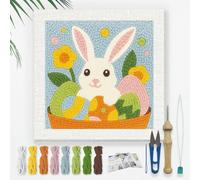 DOODLREAM Vibrant Easter Rabbit Eggs DIY Punch Needle Embroidery Kit for Adult Beginner, 24cm Cute Bunny Punch Stitching Craft Set for Starter with Frame, Fabric Pattern, Threader, Yarn, Punch Needle