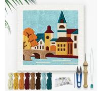 DOODLREAM Village Landscape DIY Punch Needle Embroidery Kit for Adult Beginner, 24cm Cottage Tree Bridge Punch Stitching Craft Set for Starter with Frame, Fabric Pattern, Threader, Yarn, Punch Needle