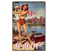 DOODLREAM Vintage Nice Catch Fishing Lady Beer Metal Tin Sign Retro Tin Poster for Dad Gifts, Man Cave Garage Room Home Wall Decor 7.9 x 11.9 Inch