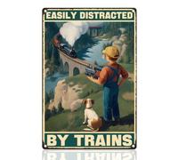 DOODLREAM Vintage Train Metal Tin Sign Wall Decor Easily Distracted by Trains 20 x 30 cm Retro Wall Poster for Man Cave Living Room Home Bedroom Garage Decor, Train lovers Gift