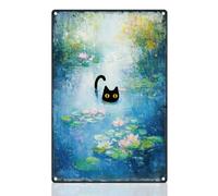 DOODLREAM Water Lilies Cat Retro Wall Decor Metal Tin Sign 20x30cm Black Cat in Water Lilies Wall Art Poster for Home Coffee Cafe Room Bathroom Gallery Courtyard Garden Greenhouse Yard Decor Gift