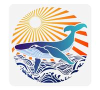 DOODLREAM Whale Wave Stencil for Painting, 30×30cm Reusable Ocean Creature Stencil Drawing Template, Sunrise DIY Craft Paint Template for Wall Home Decor Wood Burning Card Journal Canvas Fabric