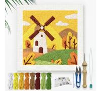 DOODLREAM Windmill Landscapes DIY Punch Needle Embroidery Kit for Adult Beginner, 24cm Autumn Scenery Punch Stitching Craft Set for Starter with Frame, Fabric Pattern, Threader, Yarn, Punch Needle